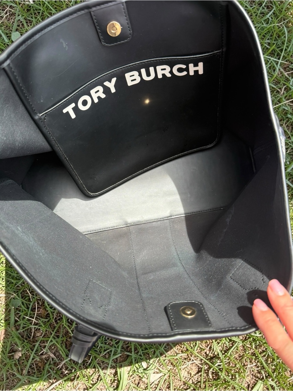 Tory Burch Black and White Logo Stripe Canvas Tote with Center Webbing - Picture 10 of 16